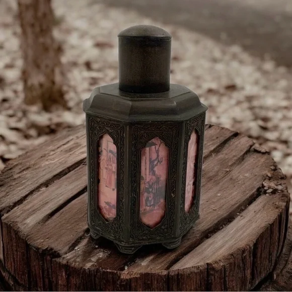 Early 1900's Chinese Shantou Pewter Tea Caddy With Reverse Painted Glass Panels - Picture 8 of 10